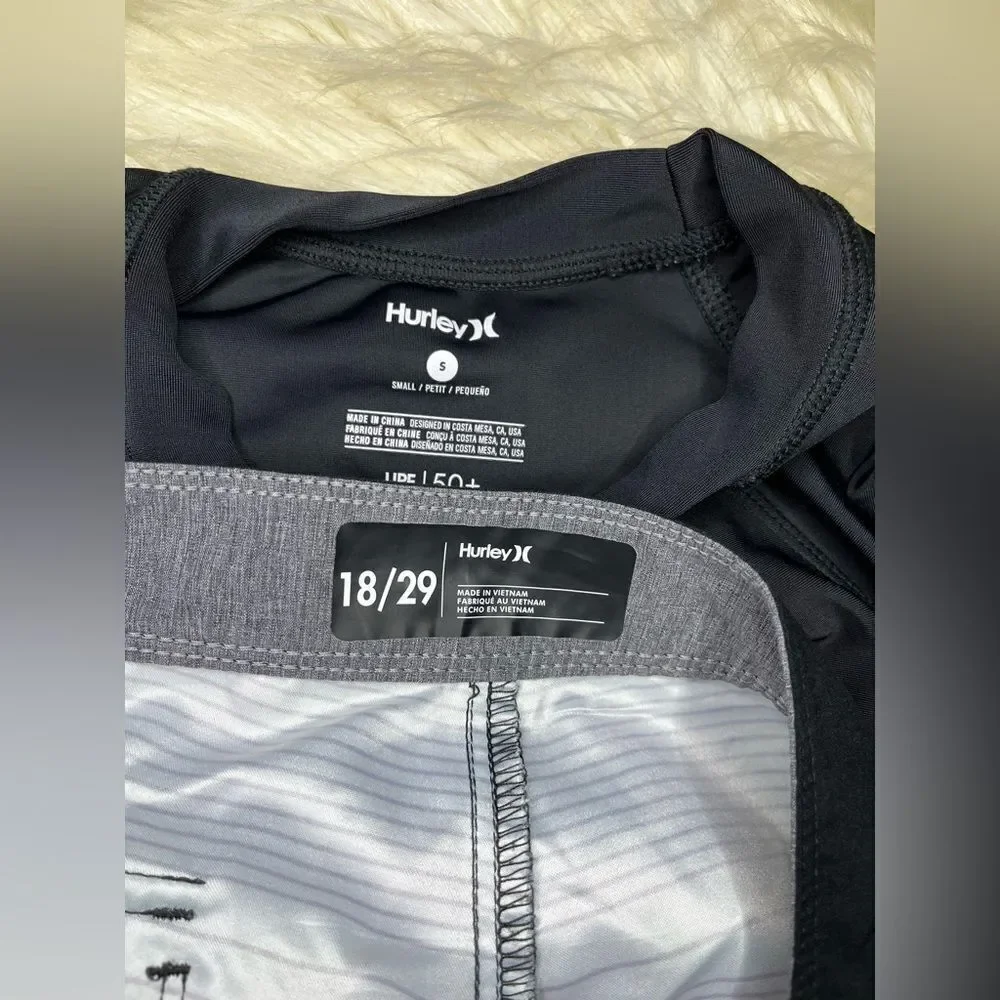 Hurley Kids Black Rash Guard and Multicolor Swim Shorts Set sz small/29